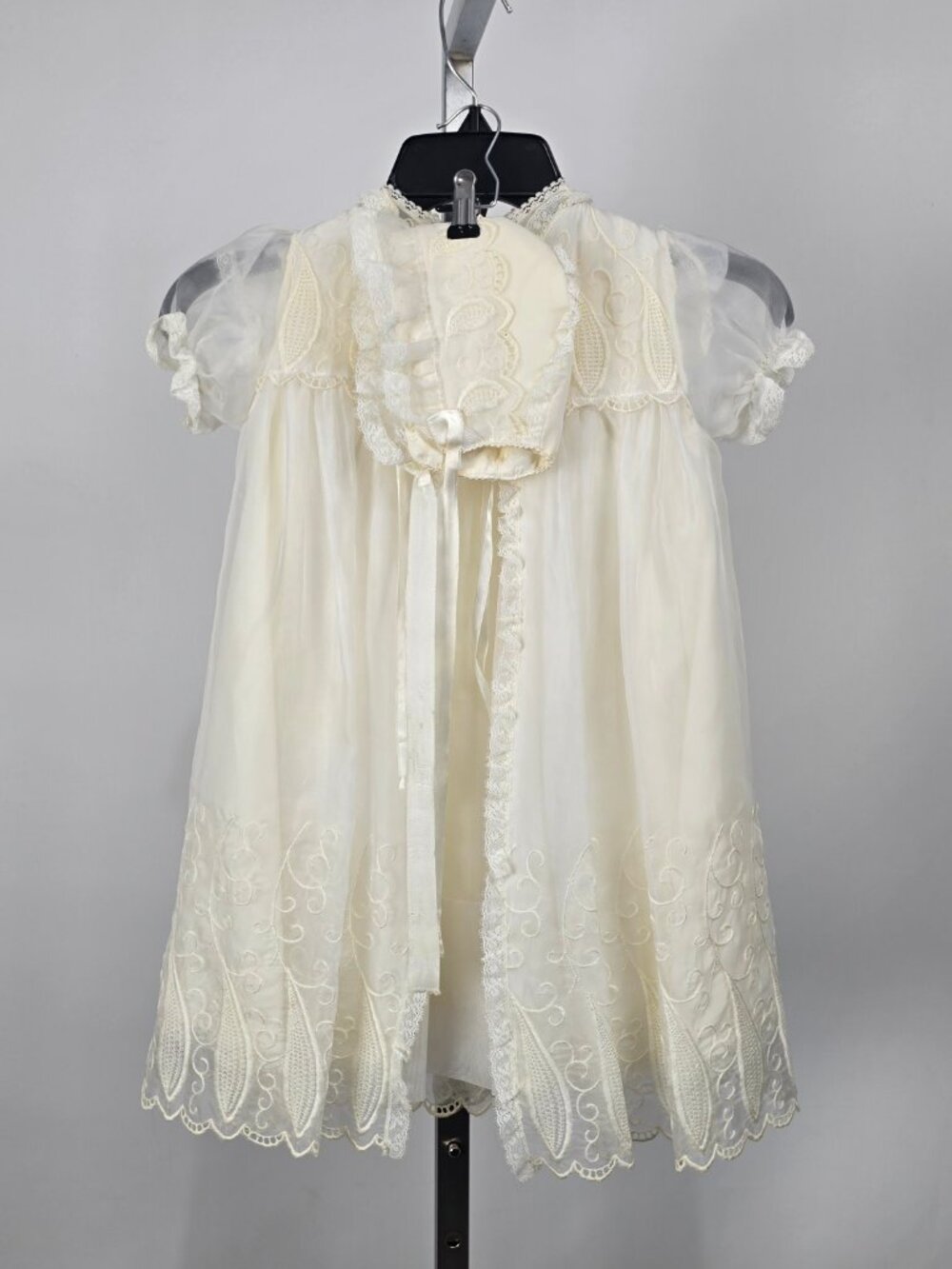 Vintage Ivory Embroidered Baby Christening Gown & Bonnet Set Lace Baptism Dress